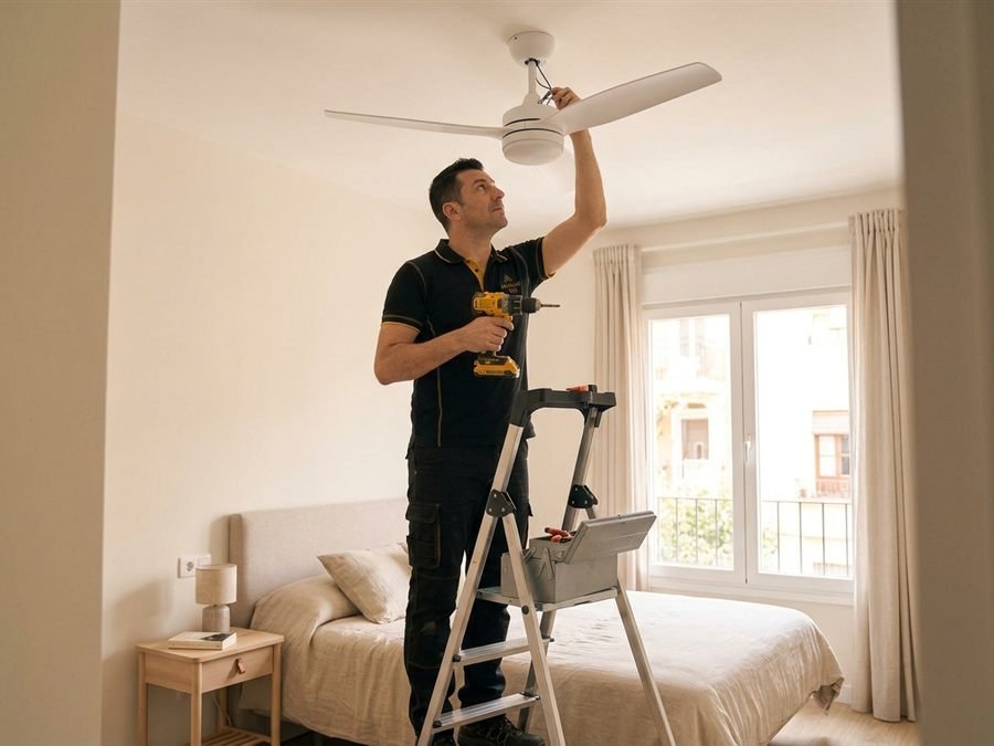 Técnico de Manitas 360 instalando un ventilador de techo